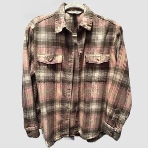 Women's Old Navy Pink Green Boyfriend Plaid Flannel Shirt Small Grunge Camp Cozy